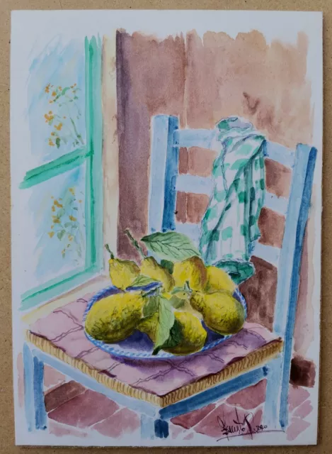 Rizzo Dipinto Acquerello su Carta arte figurativa interno natura morta limoni