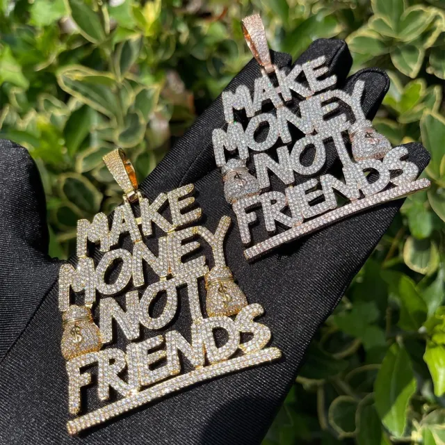 Mens Iced Blinged Out Make Money Not Friends Hip Hop Pendant Chain Necklace