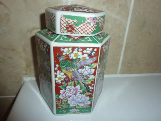 Japanese Or Oriental Porcelain 14.2Cm Hexagon Exotic Bird & Flowers Canister Jar 2