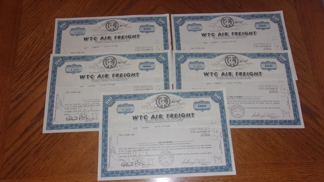 Lot of 5 WTC Air Freight Stock Certificates Issued 1971 for 100 Shares