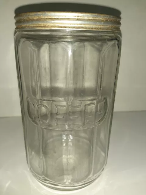 Vintage HOOSIER STYLE CABINET Clear Glass Coffee Jar Paneled Canister w/ Lid 7"