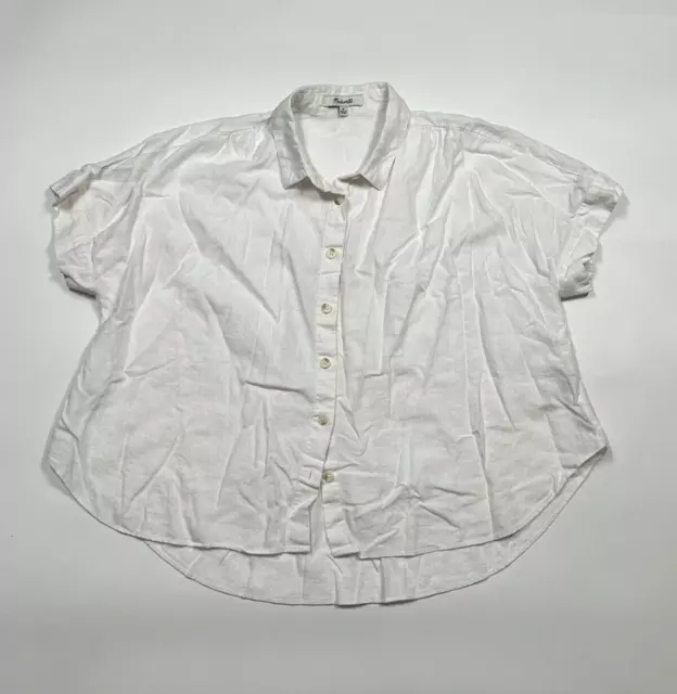 Madewell Women's Cropped Linen Blend Button Down Shirt Short Sleeve Medium White