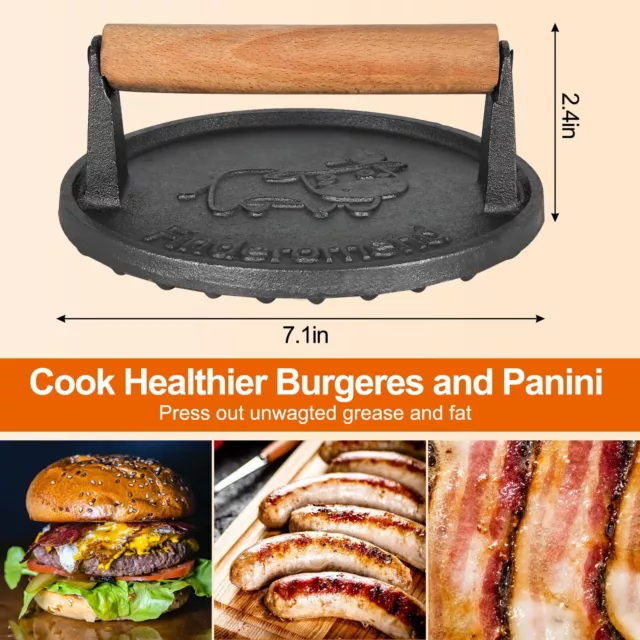 Hamburger Press,Cast Iron Grill Press,Heavy Duty Smash Meat,Bacon (Calf-Round 1) 3