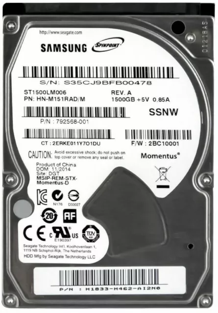 Disque Samsung Spinpoint M9T 1.5TB 5400U/Min 32MB SATA III ST1500LM006 2.5''