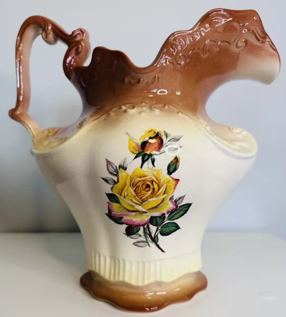 Vintage Signed 1978 Glazed Hand Painted Ceramic Floral Pitcher Ewer Vase