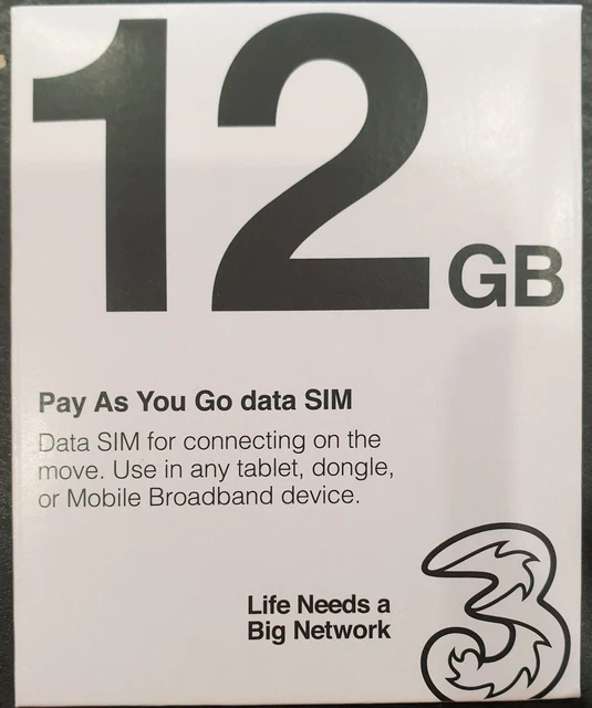 Three PAYG Mobile Broadband preloaded 12 GB 3G 4G 5G data SIM roaming USA EU UK