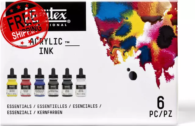 Professional Acrylic Ink, 1-Oz (30Ml), Essential Color Set, Set of 6