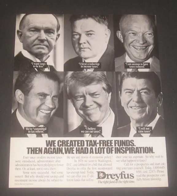 1990 Dreyfus Fund Print Ad - 6 U.S. Presidents & Their Views on Taxes