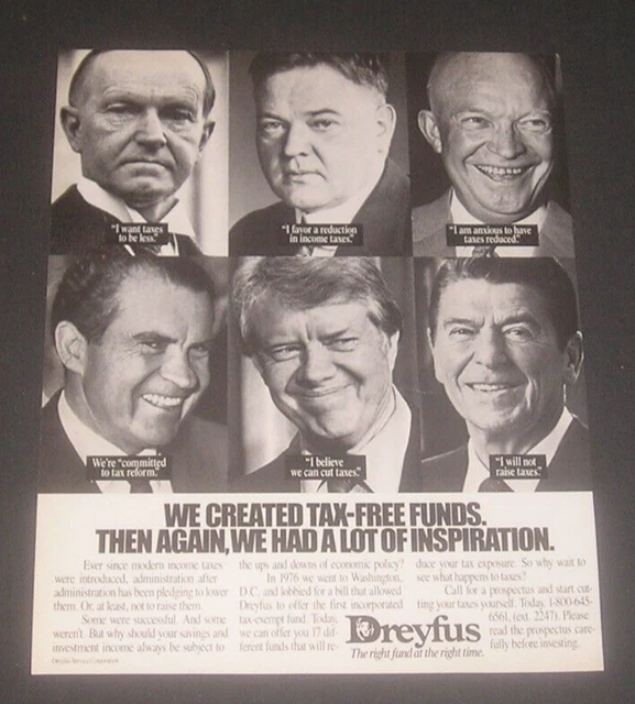 1990 Dreyfus Fund Print Ad - 6 U.S. Presidents & Their Views on Taxes