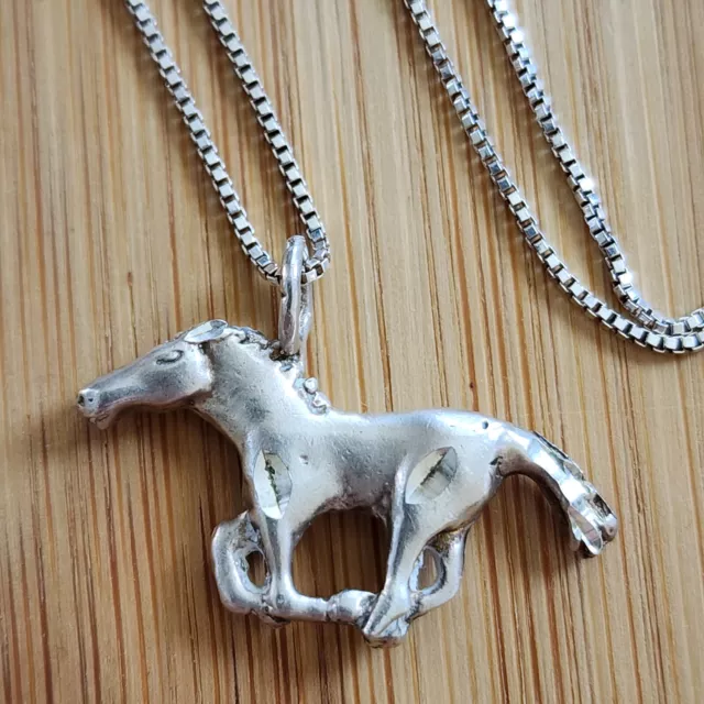 Sterling Silver 925 Galloping Race Equestrian Horse Pendant Necklace Charm