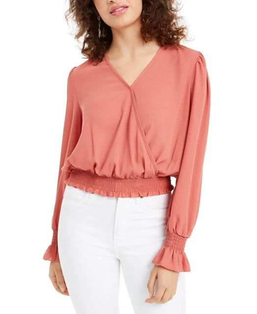 Ultra Flirt Juniors' Smocked-Hem Surplice Blouse Pink Size Medium