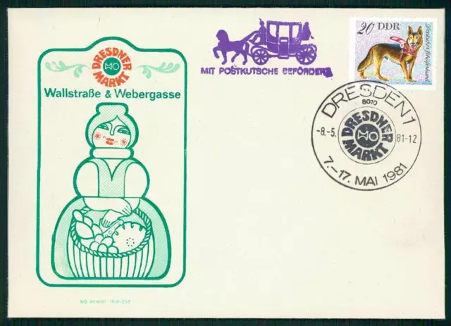 DDR SONDERBELEG 1981 DRESDEN MARKT "MIT POSTKUTSCHE BEFÖRDERT" SCHÄFERHUND gw79
