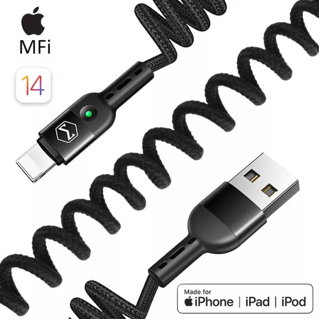 iPhone 5 6S iPad Pro MFi Certified USB Cable 1.5m Coiled 8-Pin Connector