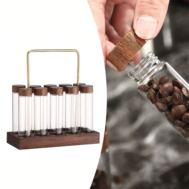 Présentoir Grains De Café - 6 Tubes Verre Avec Support Bois | Stockage Portable 17-19g Par Tube