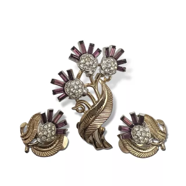 Vtg Crown Trifari Alfred Philippe Purple Thistle Flower Brooch & Earrings AS IS