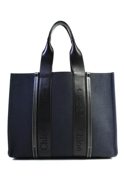 Chloe Womens Canvas Leather Logo Woody Large Tote Handbag Navy Blue Black