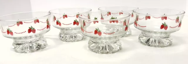 Vintage Parka Brand Clear Glass Footed Dessert Bowls Strawberry Designs Set Of 5