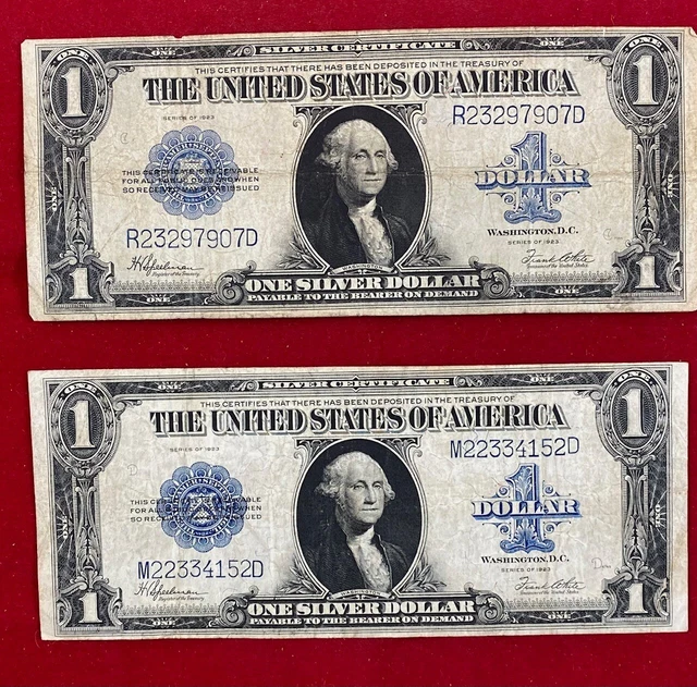 Lot of Two Series 1923 Blue Seal One Dollar "Horse Blanket" Silver Certificates