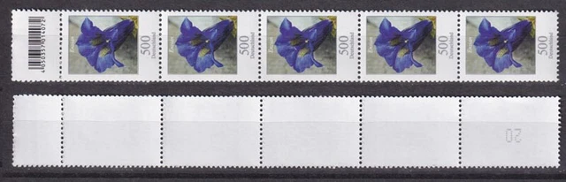 Bund 2877 EAN-Code RM 5er Streifen mit gerader Nummer Enzian 500 Cent postfrisch