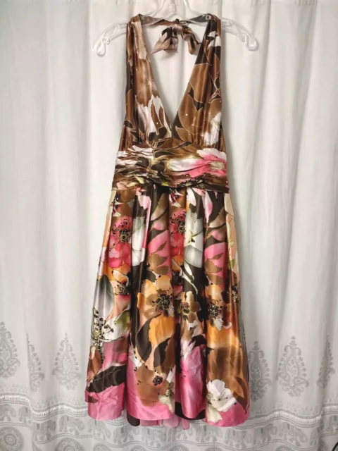 Adrianna Papell Occasions Silk Dress Size 14 Sleeveless Halter Tulle Brown Pink