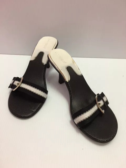 Women's Bamboo BLACK & WHITE Belt Strap High Heels Slip On Sandals Shoes Size 9