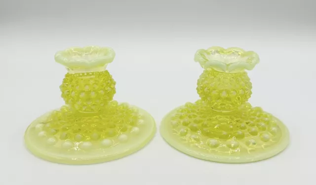 Pair Fenton Topaz Yellow Vaseline Opalescent Hobnail Candle Stick Holder Set Vtg