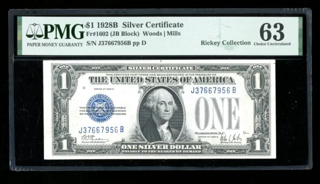 DBR 1928-B $1 Silver Funnyback Fr. 1602 JB Block PMG 63 Serial J37667956B