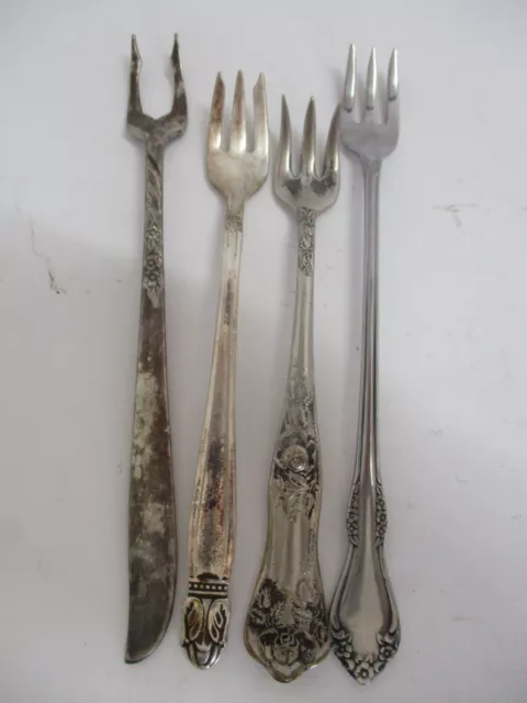 4 Vintage Silverplate Seafood Pickle Cocktail Forks