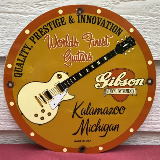 Vintage 1973 Dated Gibson Guitar Musical Instruments Porcelain Sign Oil Gas