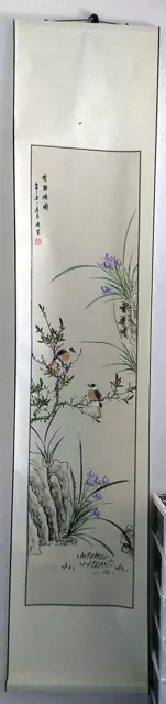 asiatisches Rollbild Wanddeko "Vögel auf Strauch" handgemalt, 190x41cm #123