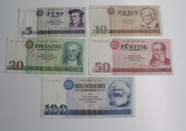 Konvolut 5x Banknote Staatsbank der DDR 5, 10, 20, 50 und 100 Mark 1971 1975