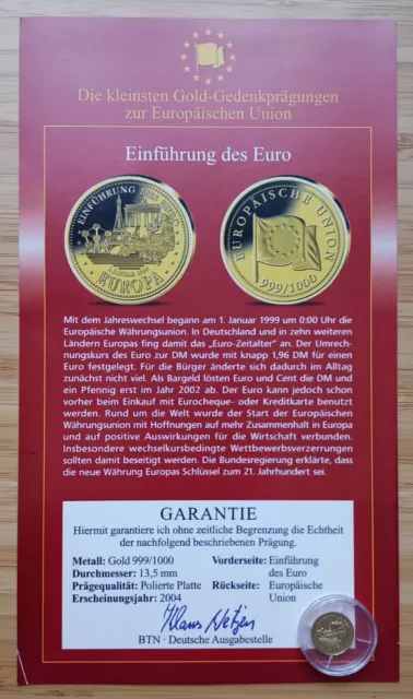 Gold 999 1/25oz Gold-Gedenkprägung zur EU, Einführung des Euro, Zertifikat