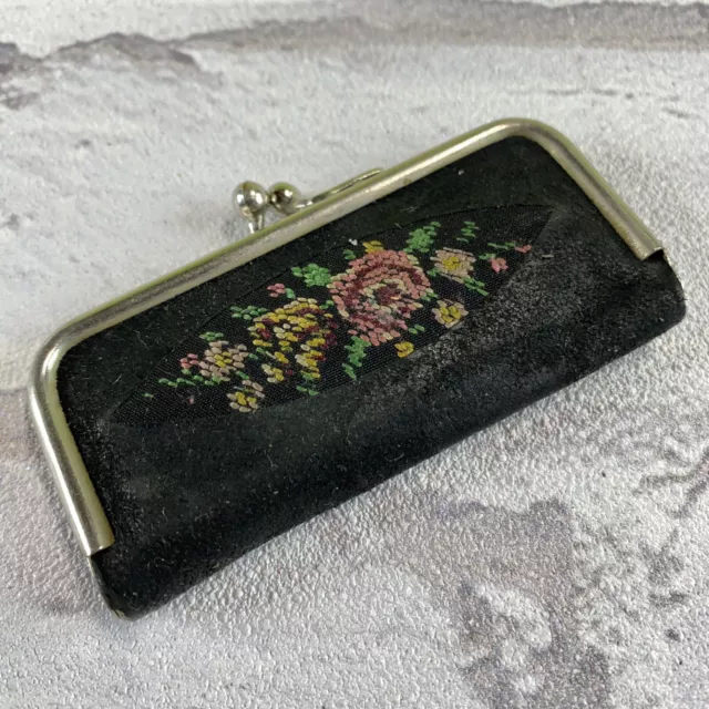 Vintage Manicure Set For Purse Black With Needle Point Design On Case.