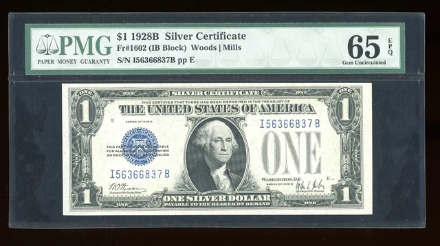 DBR 1928B $1 Silver Funnyback Gem Fr. 1602 IB Block PMG 65 EPQ Serial I56366837B