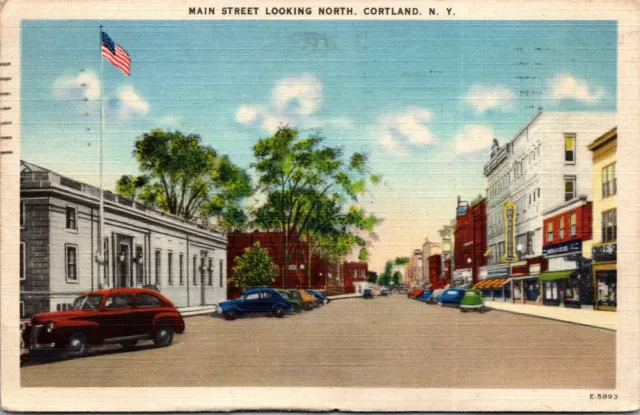 Vtg Cortland New York NY Main Street View Looking North 1940s Linen Postcard