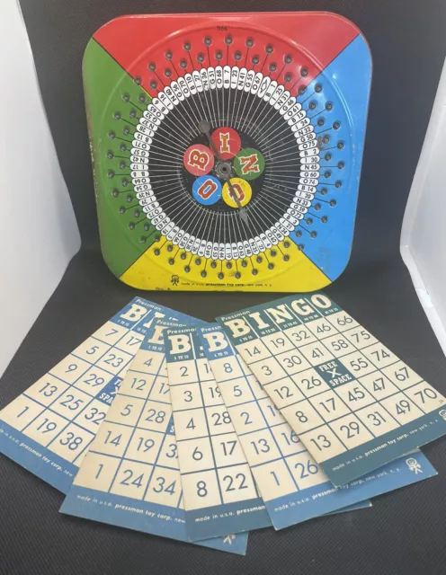 Vtg Bingo Game Spinner Square Metal Litho Tin Pressman Toy Corp NY USA W/5 Cards