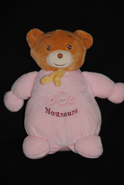 Peluche Doudou Ours Beige Rose Echarpe Jaune NOUNOURS Fille  23 Cm Etat NEUF