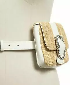 INC INTERNATIONAL CONCEPTS White Tan STRAW Fanny Pack, Belt Bag Purse SZ S NWT