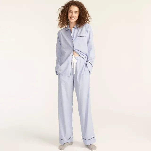 J. Crew Womens End On End Cotton Long Sleeve Pajama Set Hydrangea Blue S