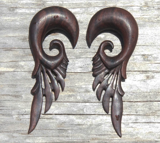 Pair Handmade Organic Dark Wood Robot Mecha Feather Wings Ear Gauge Plugs 6G-1/2