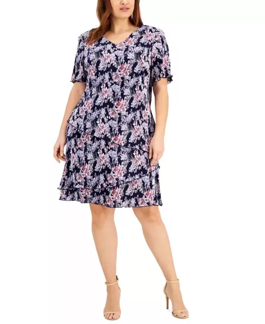 Connected NAVY/MAUVE Women's Plus Size Floral-Print Tiered Sheath Dress, US 14W