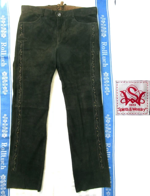 Pantaloni In Pelle Marrone Ricamato - Bavaria - Lunghi - Vintage - Spieth & Wensky - Tg. 52