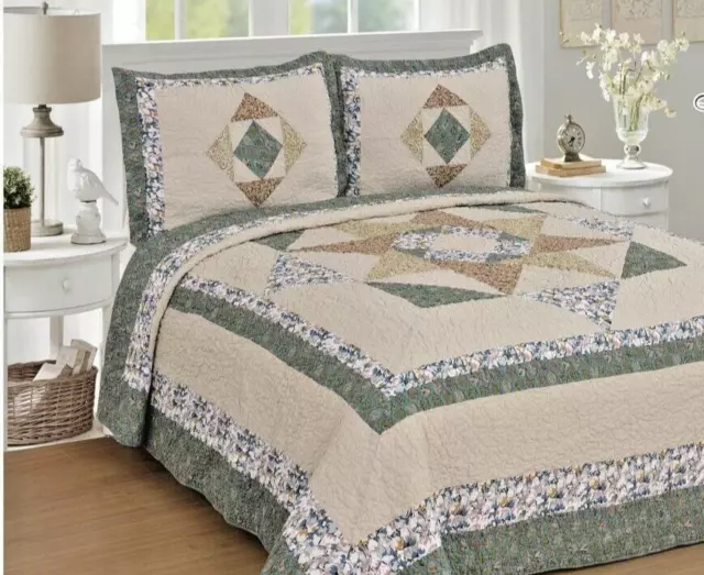 King Quilt Set 3 Pc All Cotton Pieced Patchwork NOT PRINTED Bedspread W Shams