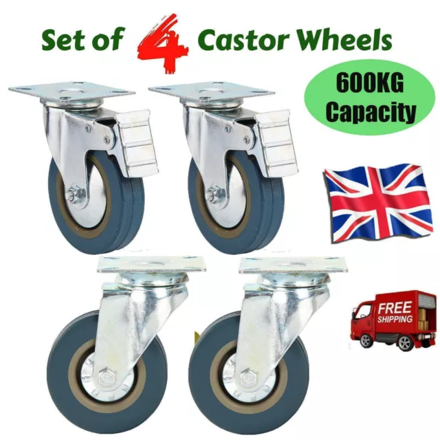 4 x Heavy Duty 100mm Rubber Swivel Castor Wheels with Brake Trolley Furniture UK