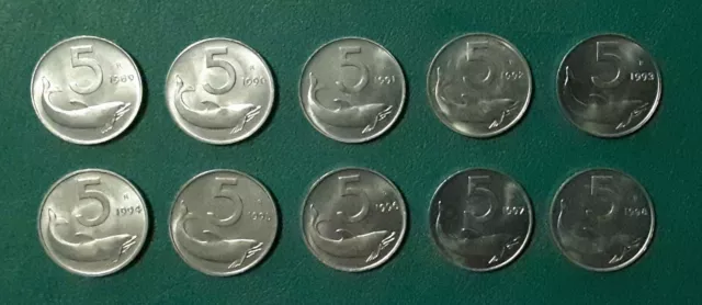 Lotto 5 Lire 1989-1990-1991-1992-1993-1994-1995-1996-1997-1998 - Fdc Da Rotolino