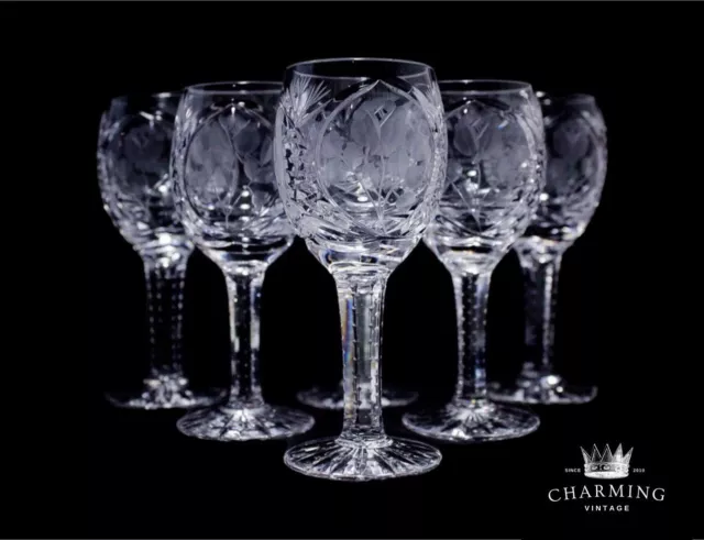 6 Vintage Antique Cut Crystal Floral Design Cordial Glasses Set