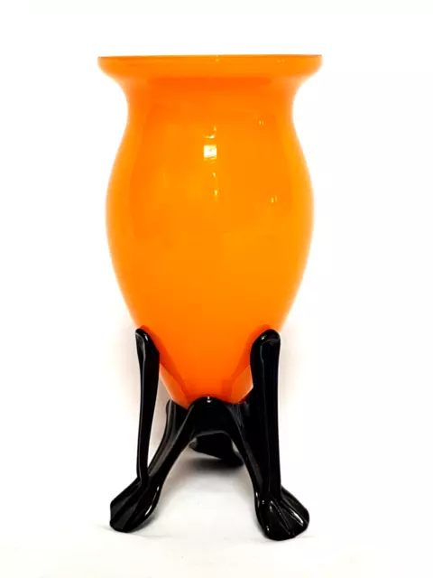 20'S 30'S Czech Bohemian Kralik Tango Orange & Black 7.25" Footed Vase 3