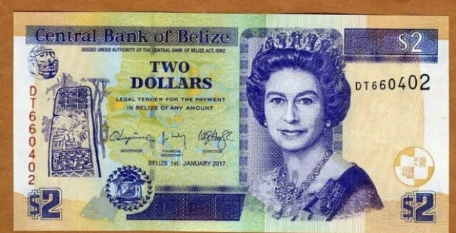 Belize 2 Dollars BZD 2017 year Circulated Banknote. Two dollars belize Currency