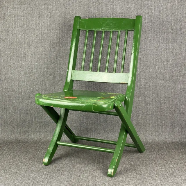Vintage Wooden Folding Child's Chair Hand Painted  (Mid-Century) Green