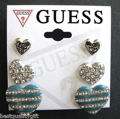 New-Set Of 3 Guess Silver Tone-Heart Earrings+Crystals+Turquoise Stripe-Studs